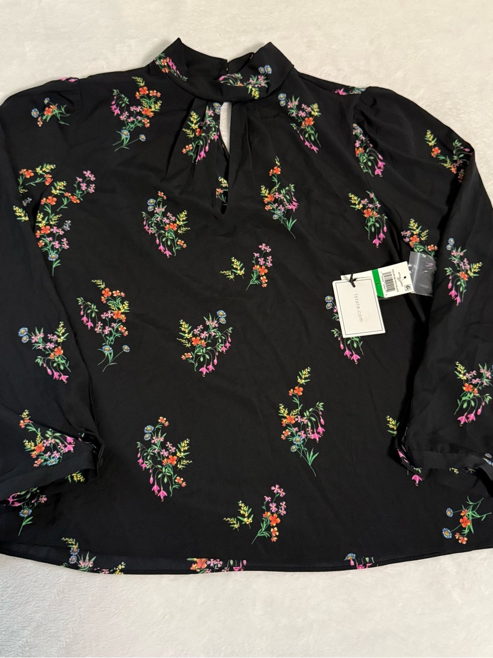 1.STATE Womens Large Floral Blouse Black Mock Neck Keyhole Long Sleeve NWT $79